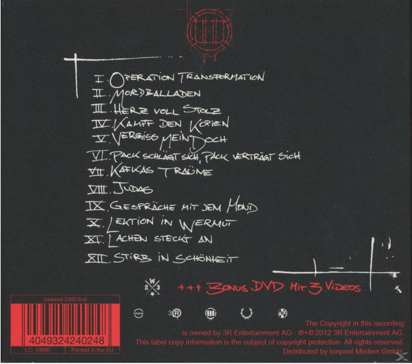Schwarze Albumrückseite mit weißem Text, der Songtitel und Credits auflistet.