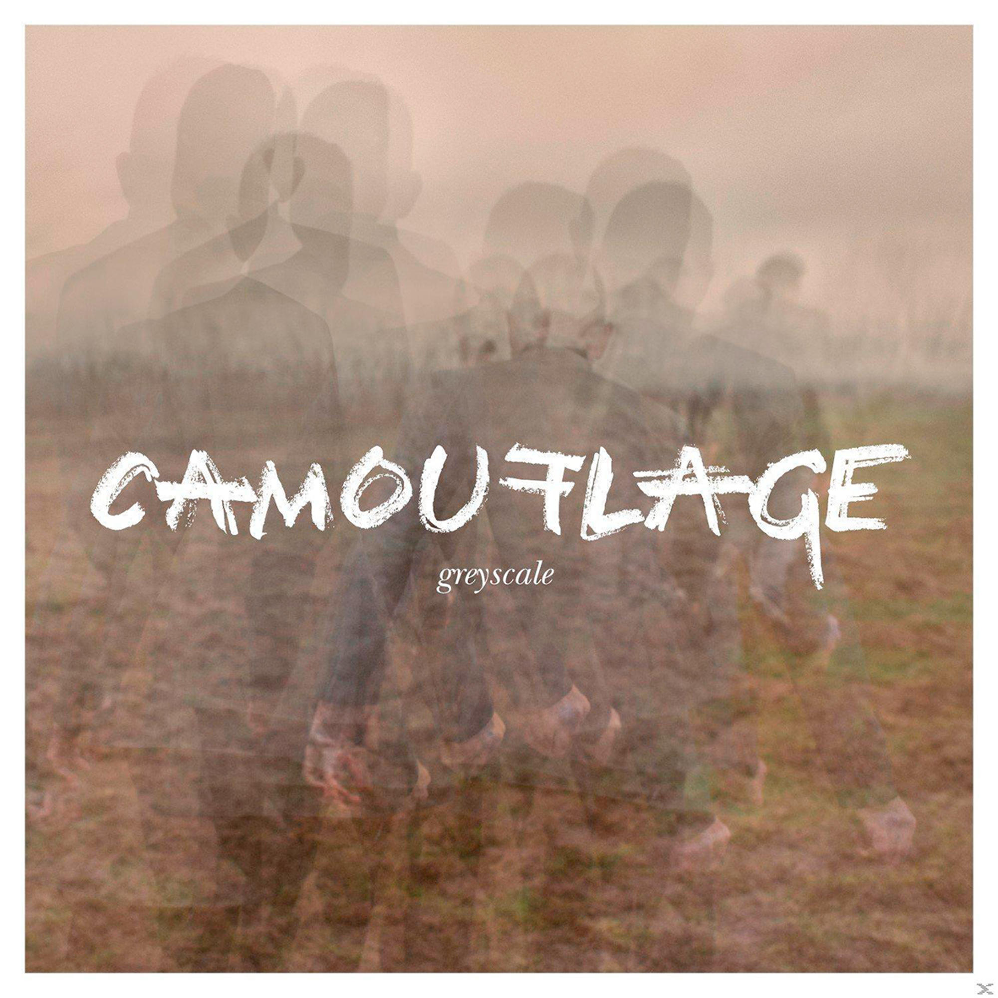 Camouflage-Albumcover. Verschwommene Figuren in Militäruniform, weißer Text 'CAMOUFLAGE' und 'Graustufen' auf braunem Grund.