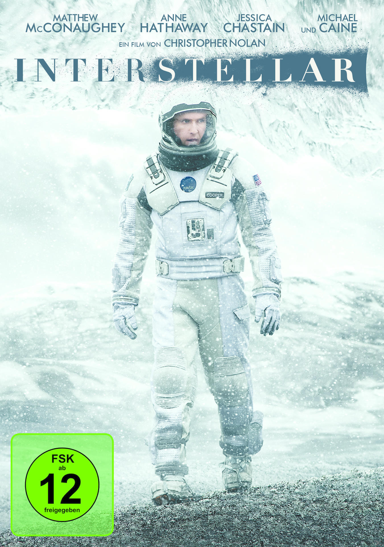 DVD-Cover mit einem Mann im Raumanzug, mit Texten wie Matthew McConaughey und Interstellar.