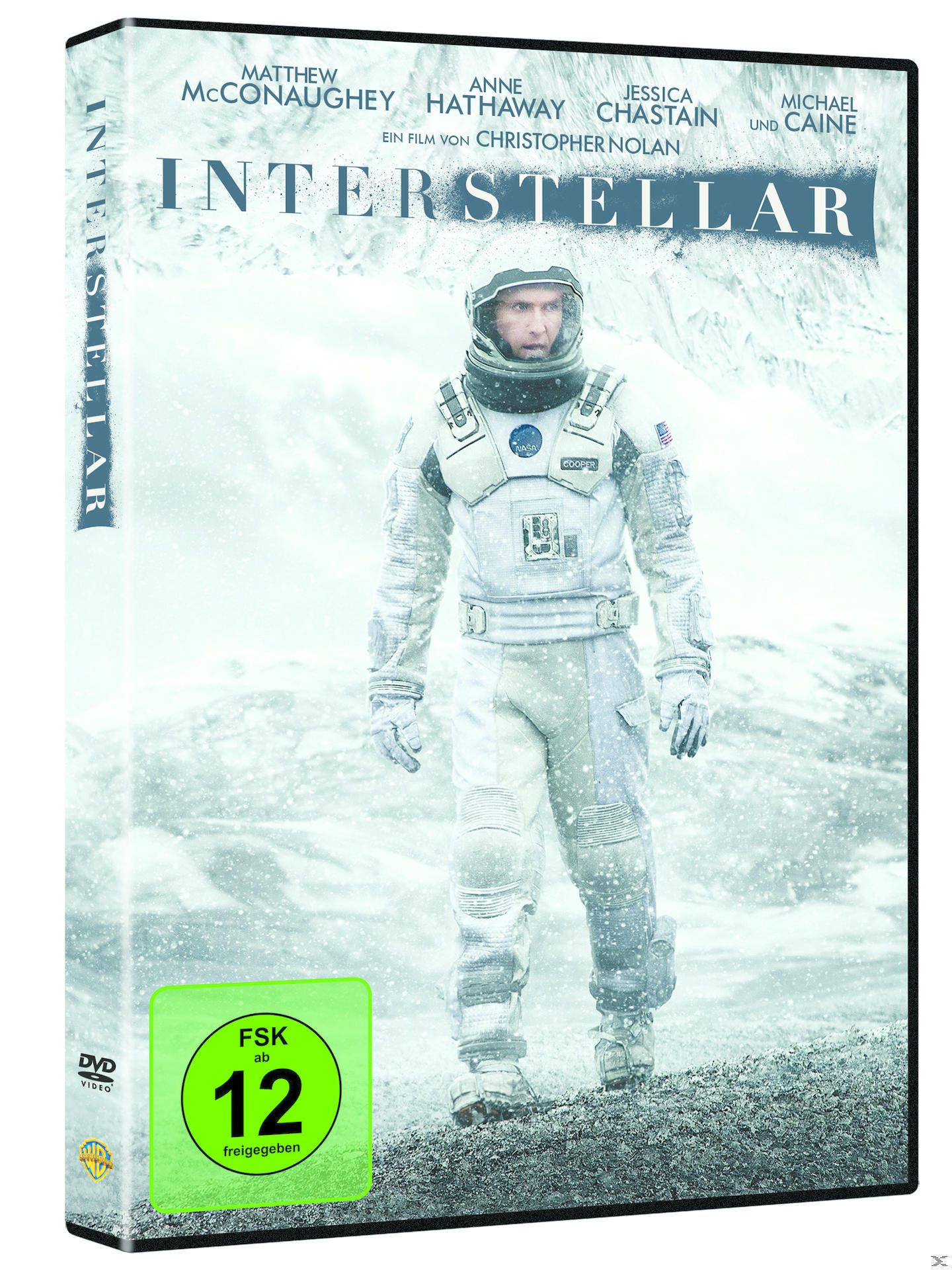 Interstellar DVD-Cover. Astronaut im weißen Anzug auf schneebedecktem Planeten. Titel und Schauspieler gelistet.