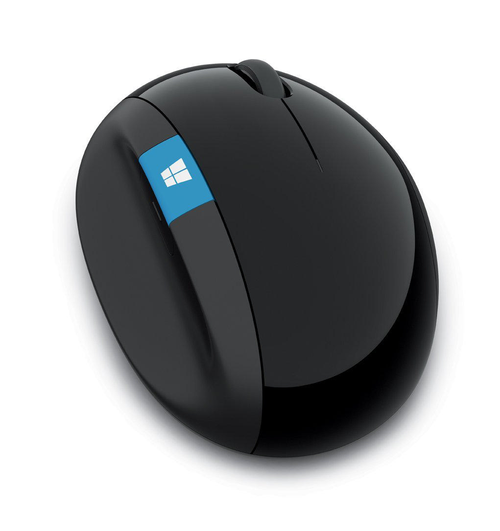 Mavi bir Windows logosu olan siyah ergonomik Microsoft faresi.