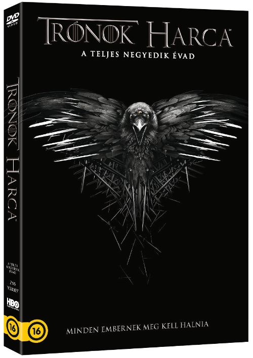 A Trónok harca 4. évad DVD-borítója magyarul. Egy holló kitárt szárnyakkal látható fekete háttér előtt.