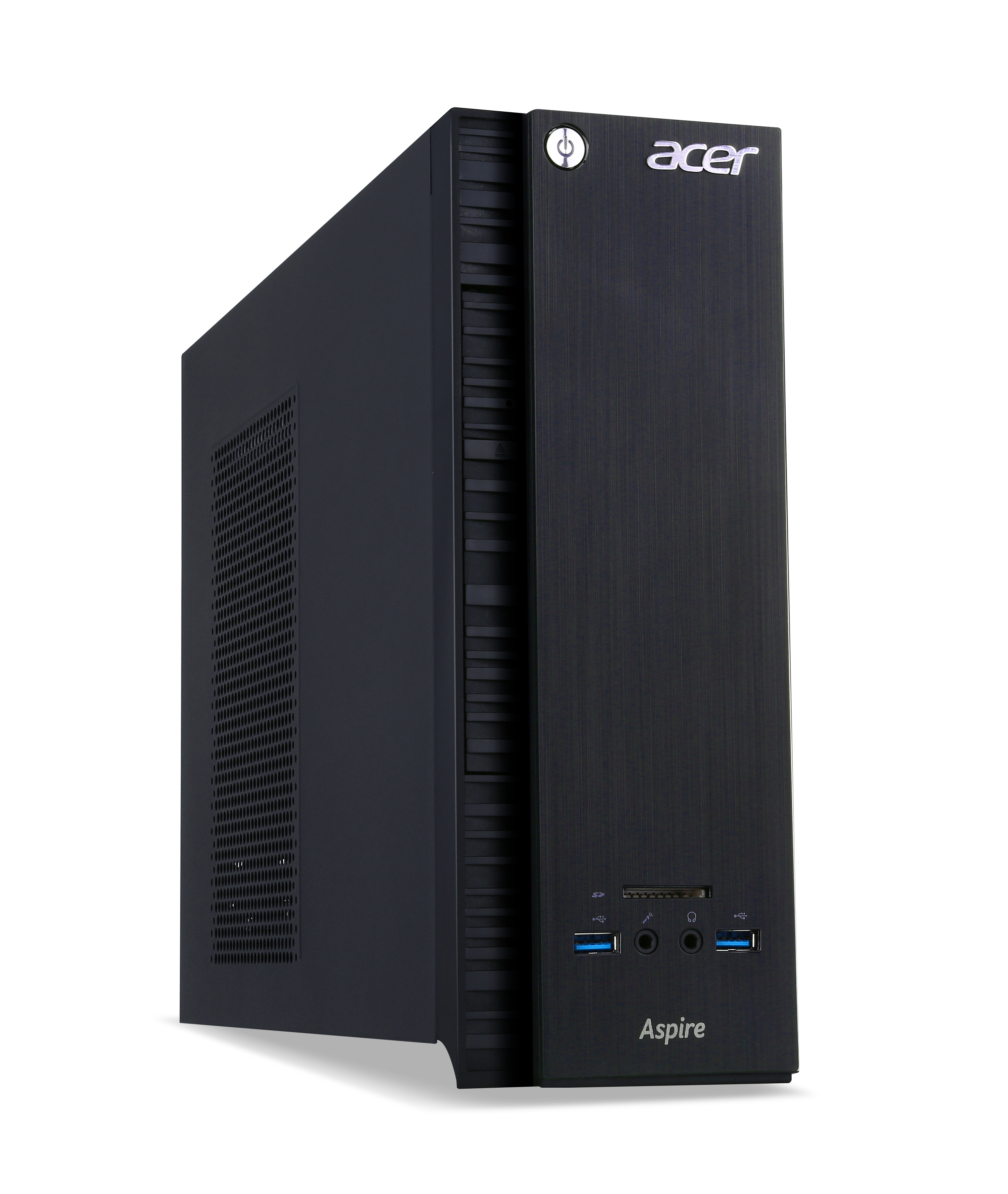 Schwarzer Acer Aspire Desktop-Computer auf weißem Hintergrund. Es hat das Markenlogo und Anschlüsse.
