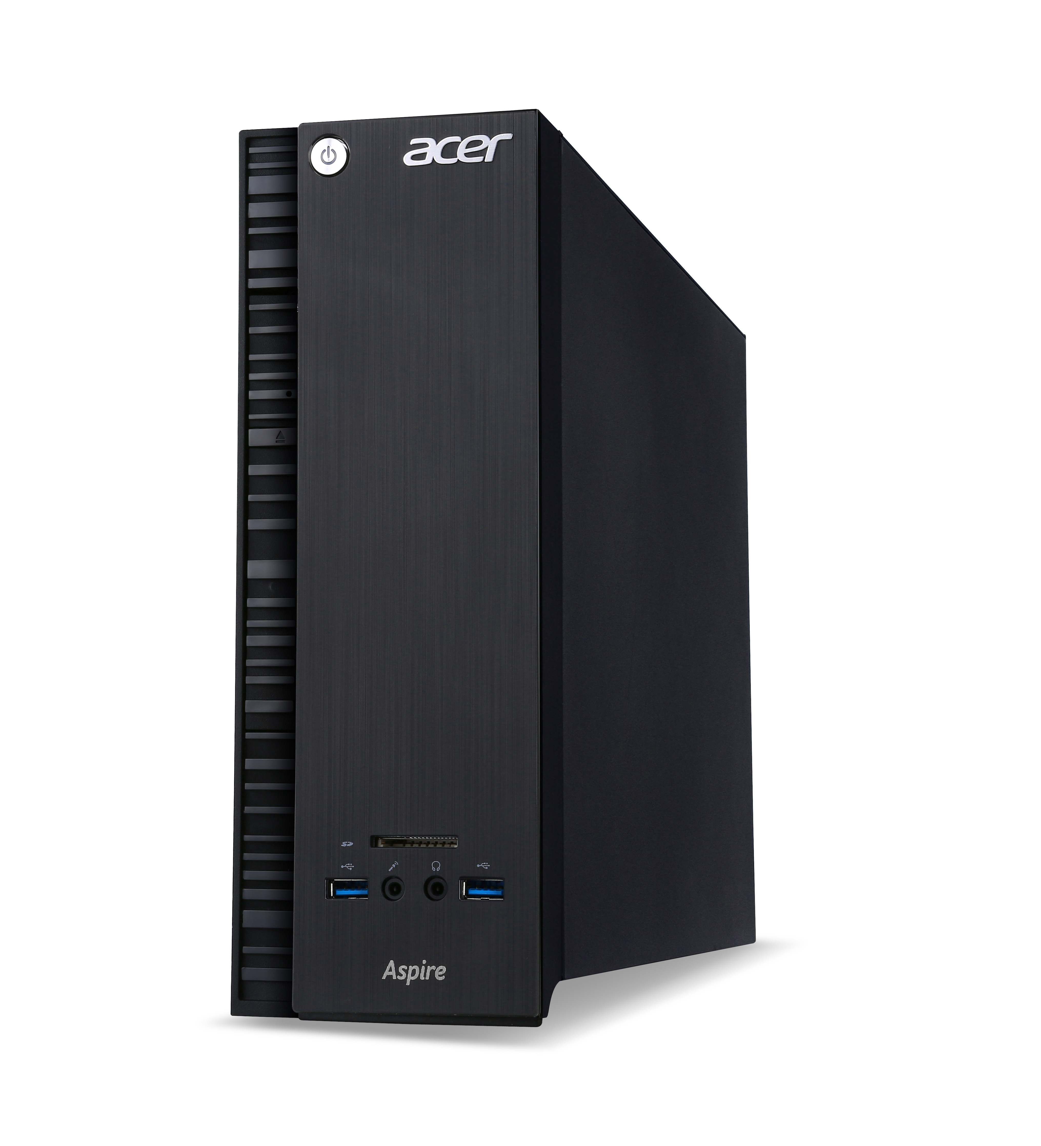 Schwarzer Acer Aspire Desktop-Computer, Winkelansicht von rechts. Markenname oben sichtbar.
