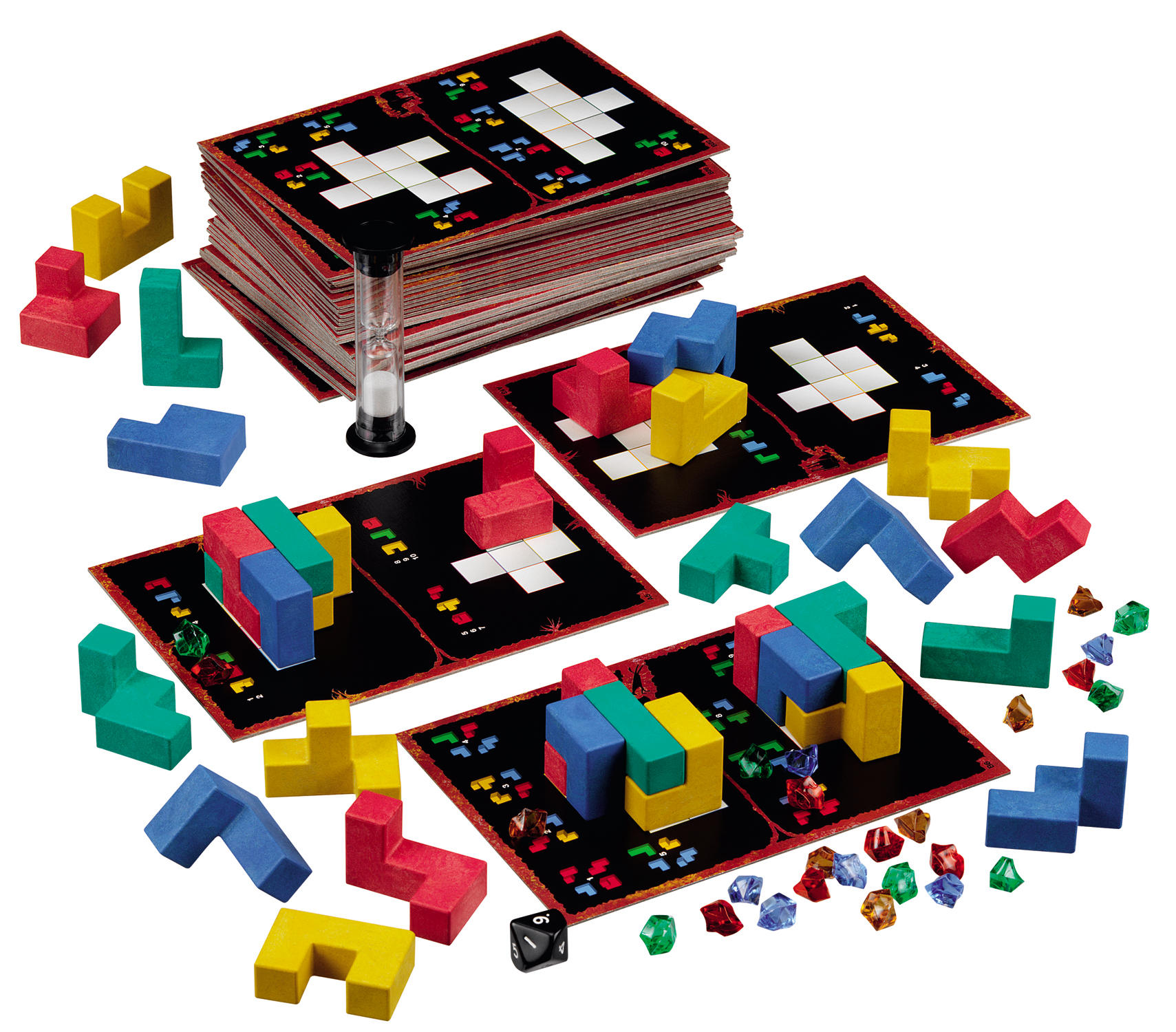 Brettspiel mit bunten Formen, einem Timer, Würfeln und Karten auf einer weißen Oberfläche.