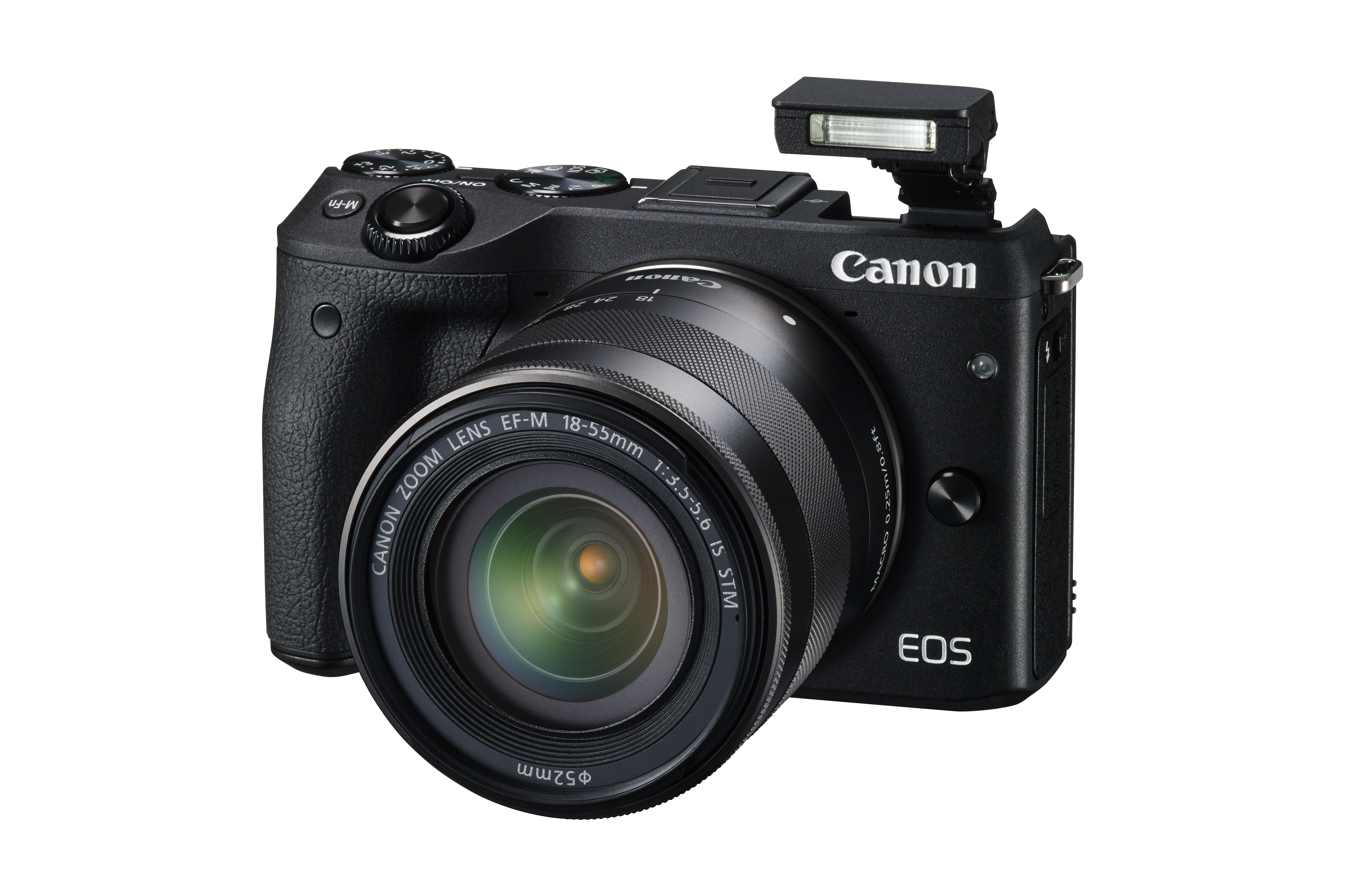 Schwarze Canon EOS Kamera mit Objektiv und Blitz. Weißer Hintergrund.