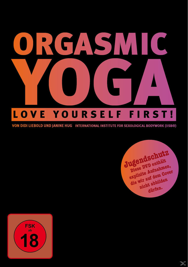 DVD-Cover von Orgasm Yoga mit Text in Orange und Lila. Ein Warnhinweis befindet sich im Hintergrund.