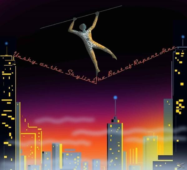 Albumcover, eine Figur balanciert auf einem Draht im Himmel, Wolkenkratzer im Hintergrund, Nachtszene.