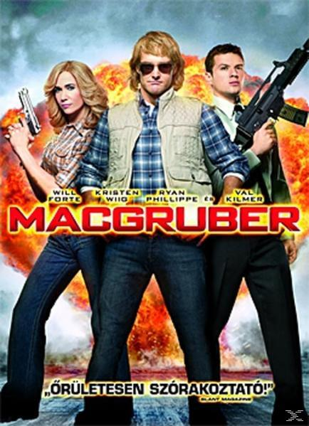 DVD borító: MacGruber film. Három ember fegyverekkel és egy robbanás a háttérben.