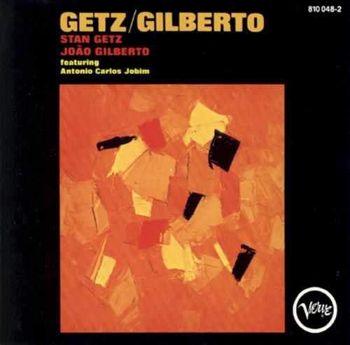 Getz/Gilberto album borítója. Festményt és művészek neveit tartalmazza fekete háttéren.