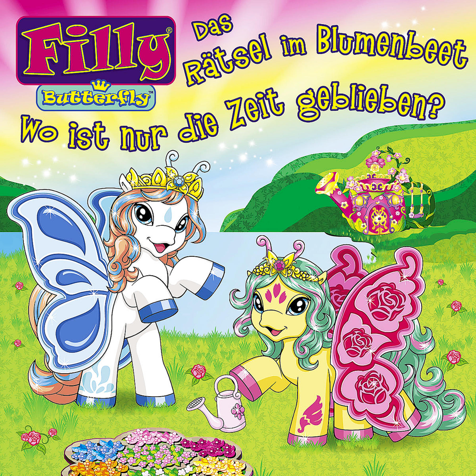 Zwei Zeichentrickponys mit Flügeln. Eines gießt Blumen, das andere schaut zu. Text: Filly Butterfly.