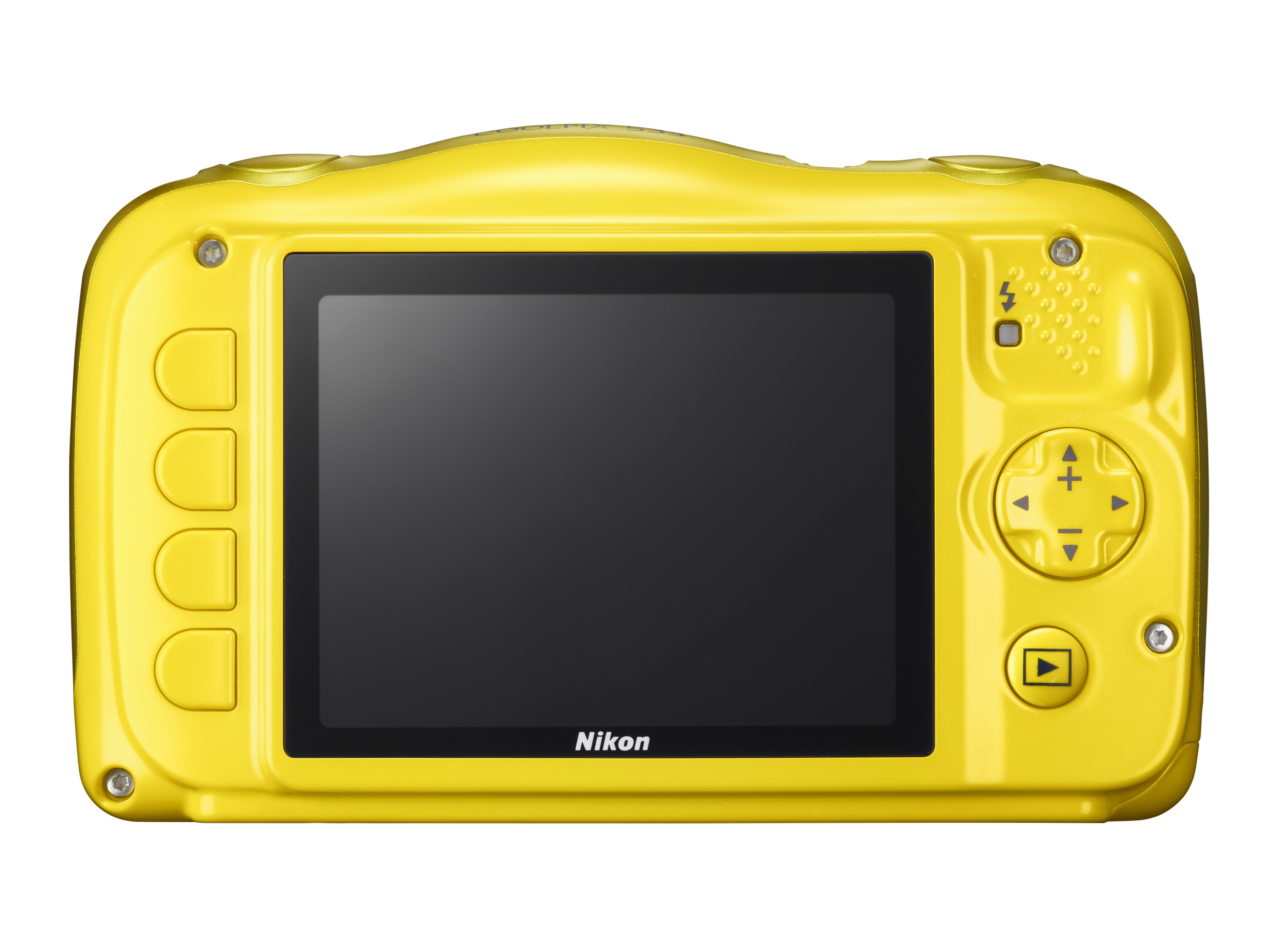 Gelbe Nikon Kamera. Schwarzer Bildschirm. Tasten für Zoom, Blitz und Navigation auf der Rückseite der Kamera.