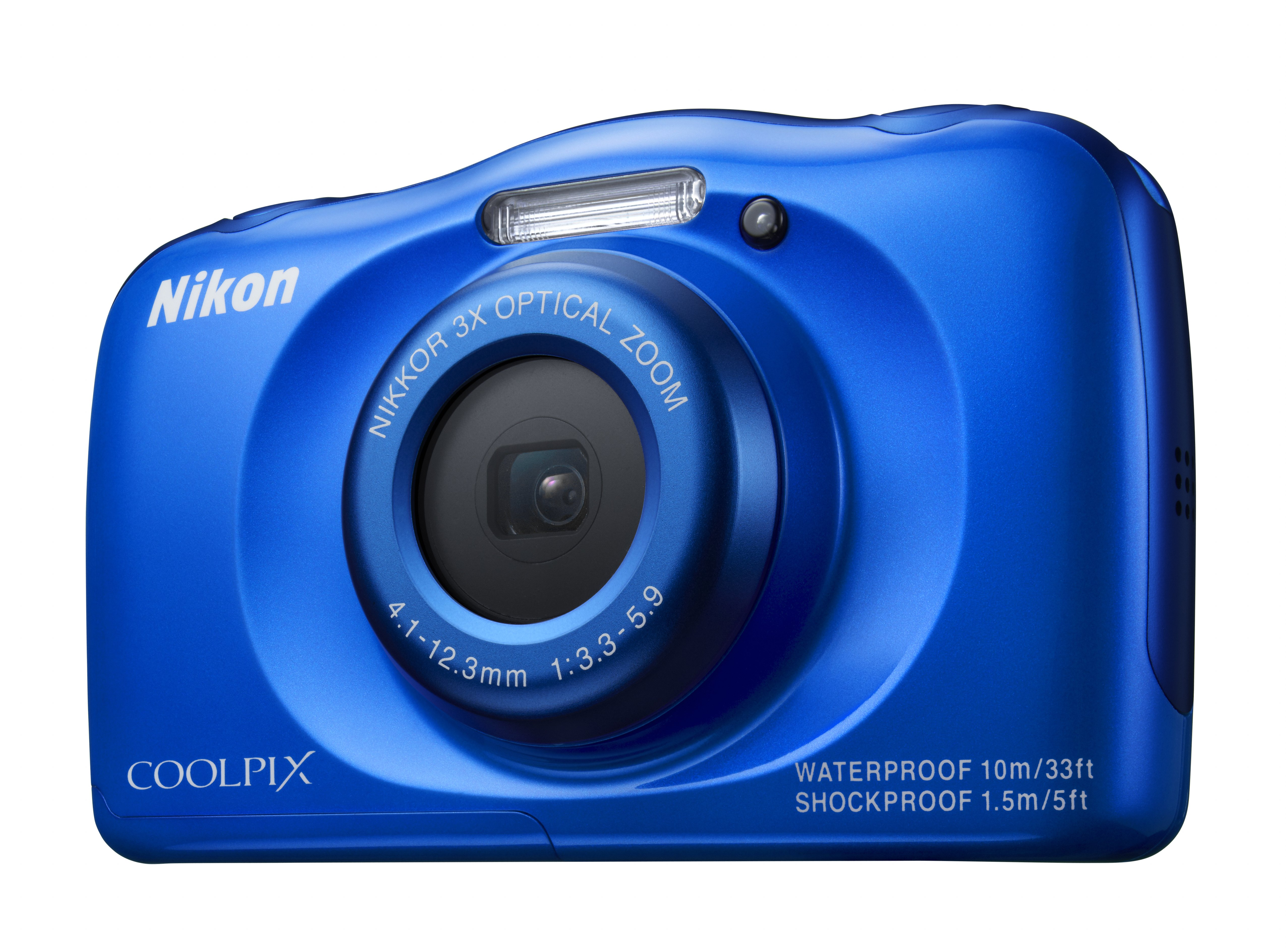 Eine blaue Nikon Coolpix Digitalkamera mit Objektiv und Blitz.