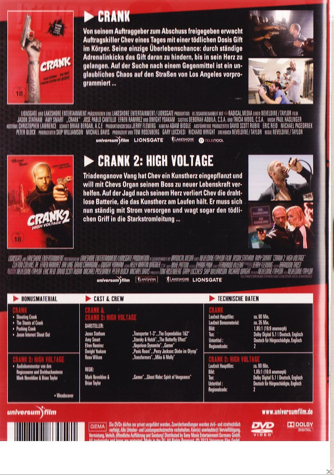 Crank- und Crank 2-DVD-Cover. Eines zeigt einen Mann mit einer Waffe, das andere einen Mann mit einem schwarzen Auge.