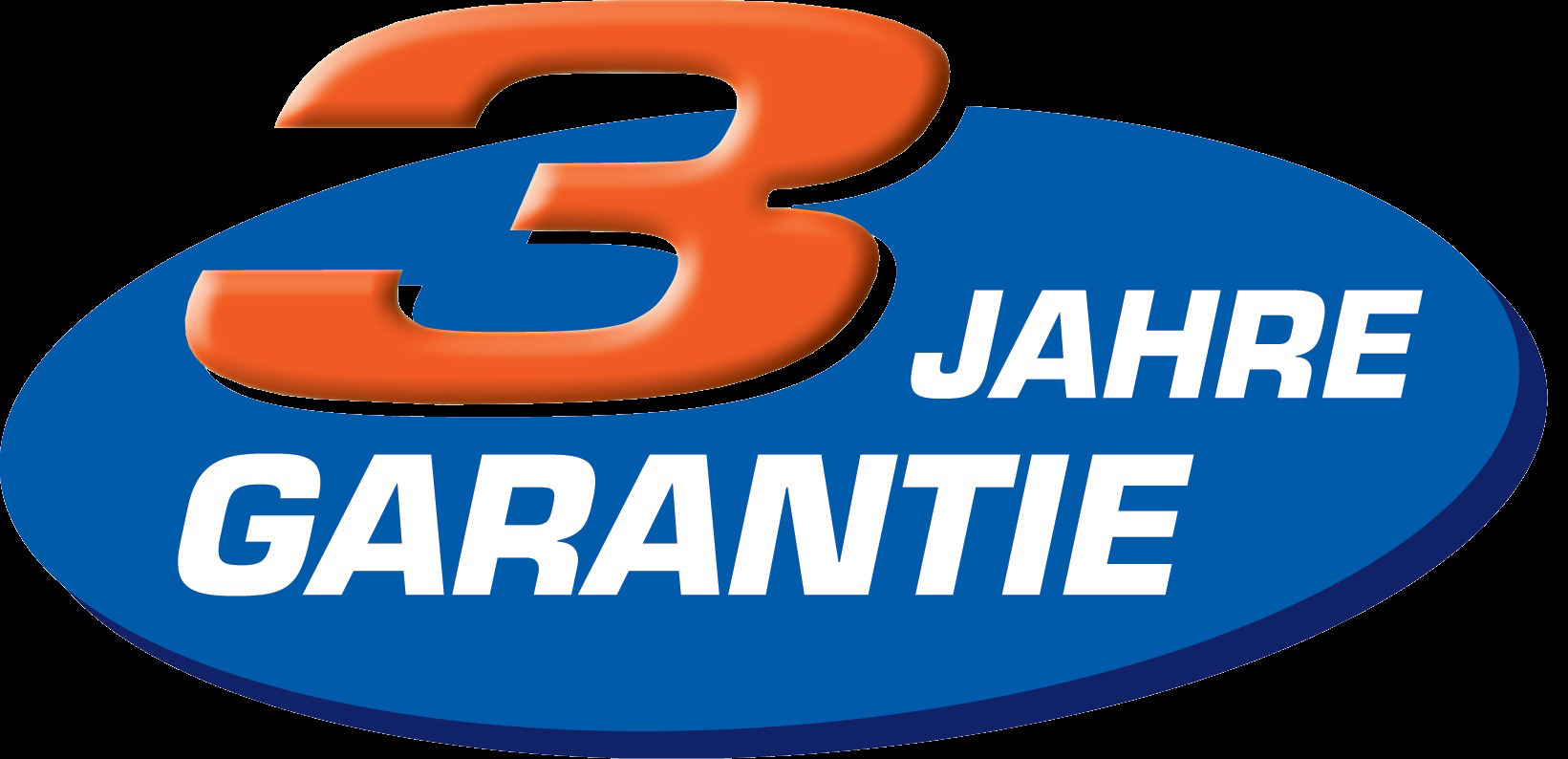 Blaues Oval mit orangefarbener "3" und weißem Text "GARANTIE", was 3 Jahre Garantie anzeigt.