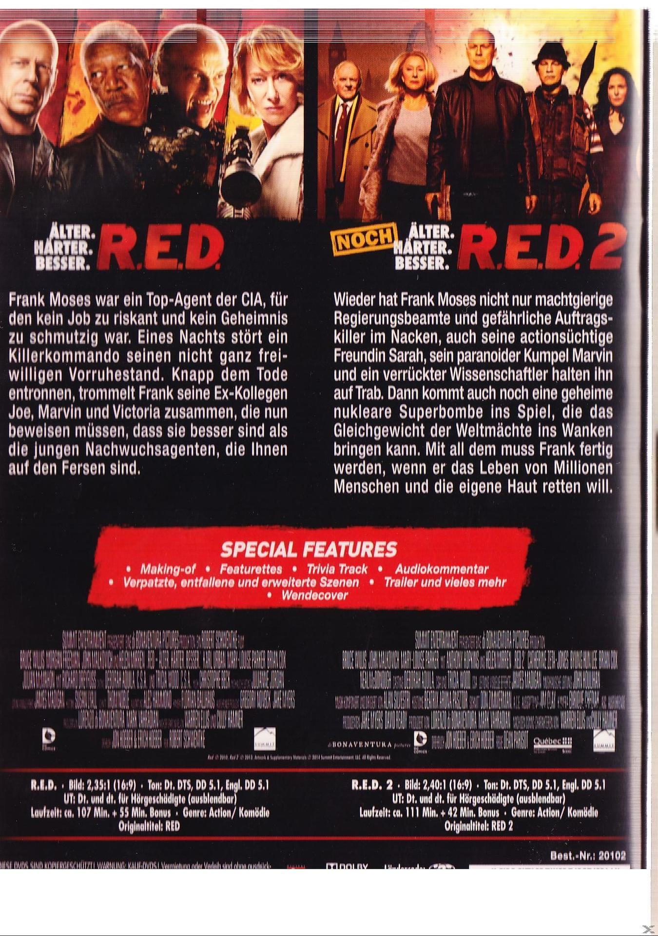 DVD-Cover mit rotem Text. Bilder von Schauspielern. Text über den Film Red 2.