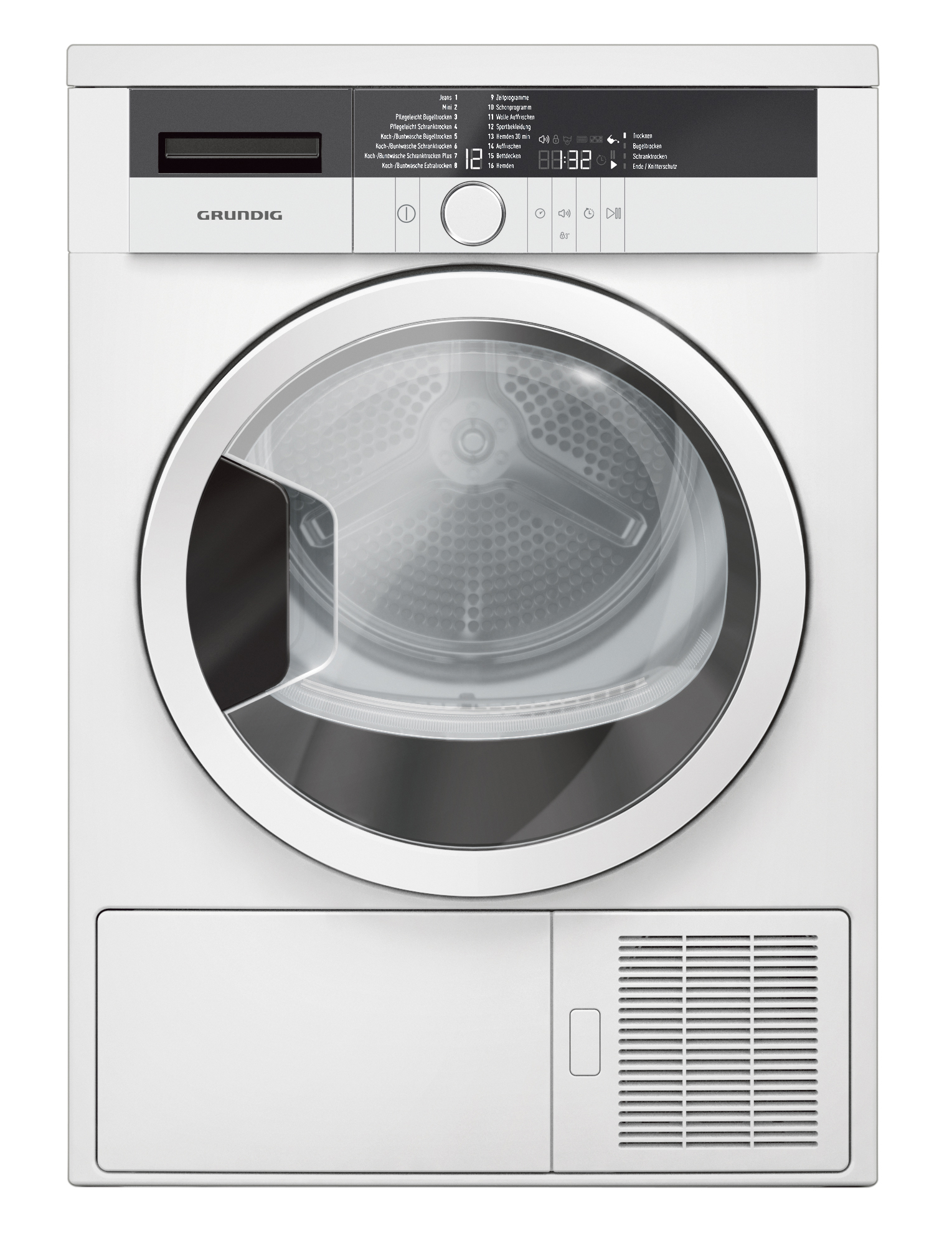 Ein weißer Grundig Trockner mit runder Tür, Bedienfeld und unterer Schublade.