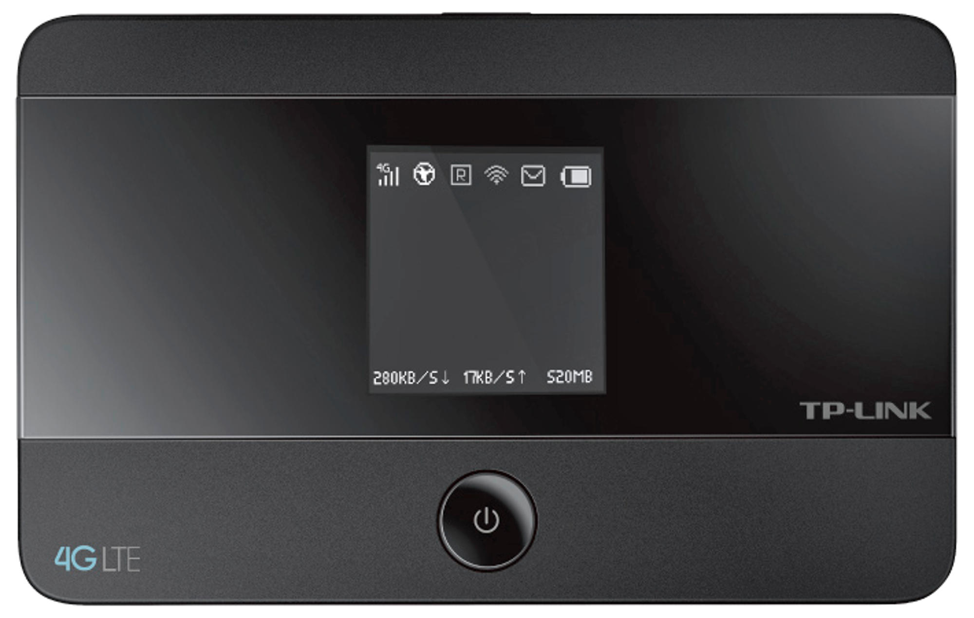 Czarny router TP-Link 4G LTE z małym ekranem pokazującym sygnał, Wi-Fi i baterię.