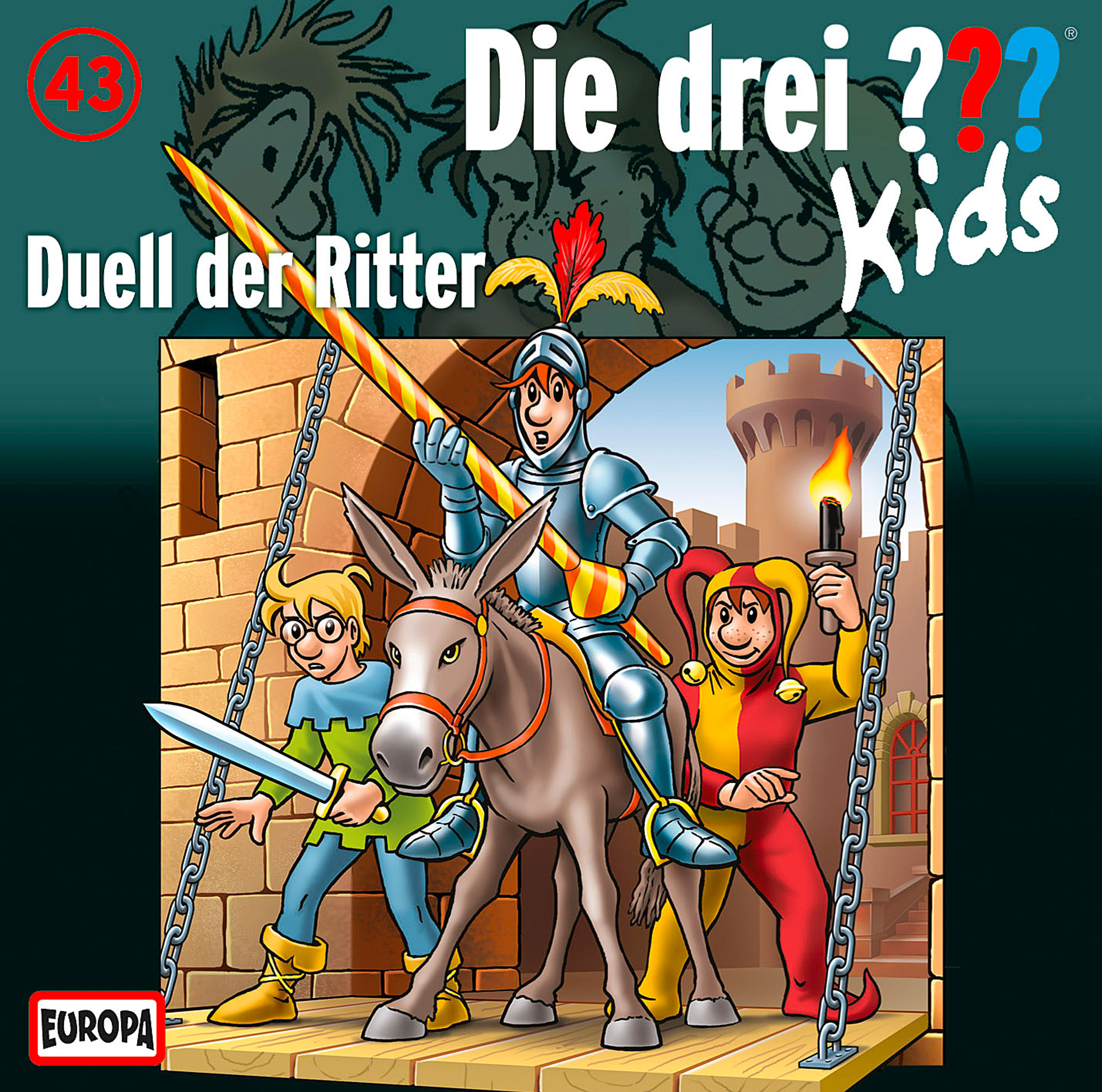 Comic-Cover: Drei Kinder, ein Ritter auf einem Esel und ein Narr. Festung und Backsteinmauer im Hintergrund.
