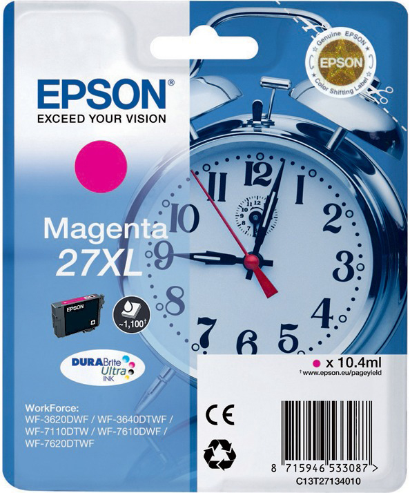 Epson Magenta 27XL Tintenpatrone. Wecker-Grafik. Schwarze Tintenpatrone.