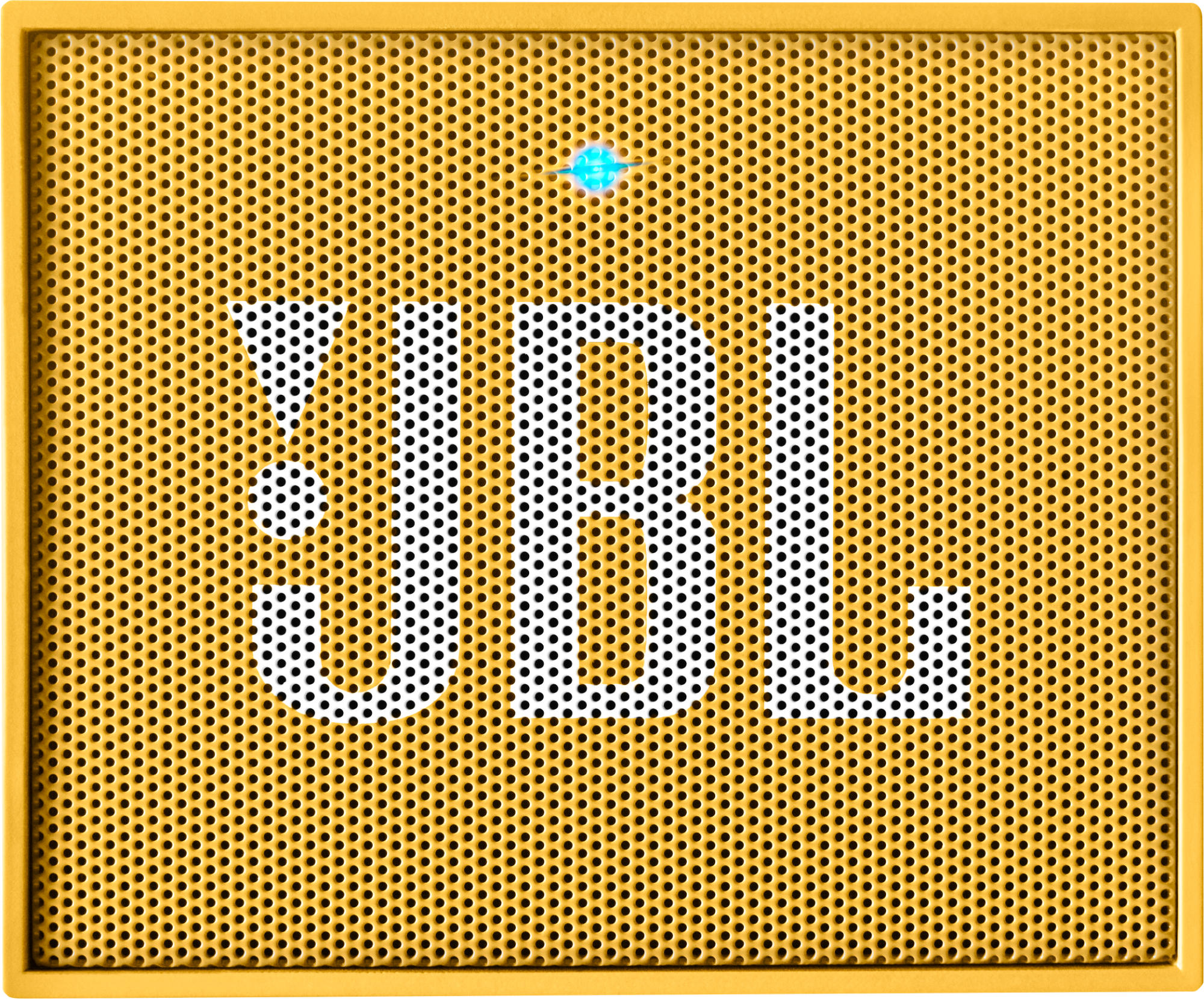 Gelber JBL-Lautsprecher mit schwarzem perforiertem Gitter. Das JBL-Logo ist weiß.