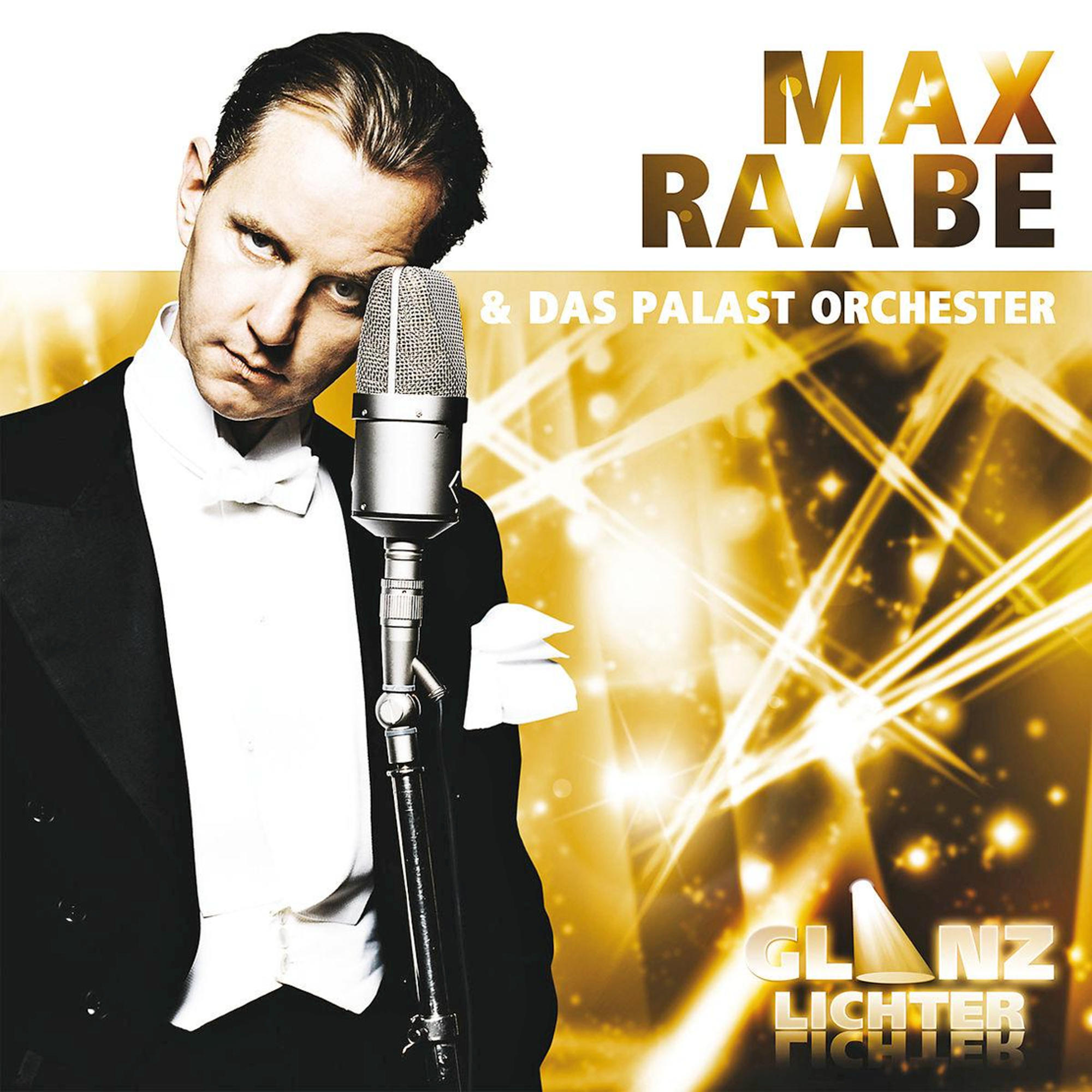 Max Raabe im Smoking mit Mikrofon. Text: Max Raabe & Das Palast Orchester. Hintergrund: abstrakte Goldlichter, Text: Glanz Lichter.