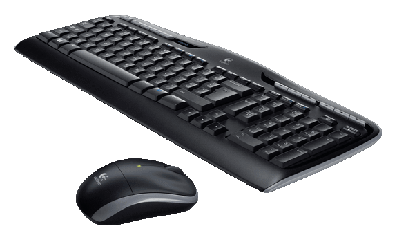 Fekete billentyűzet és egér készlet fekete háttéren. A Logitech logója látható.