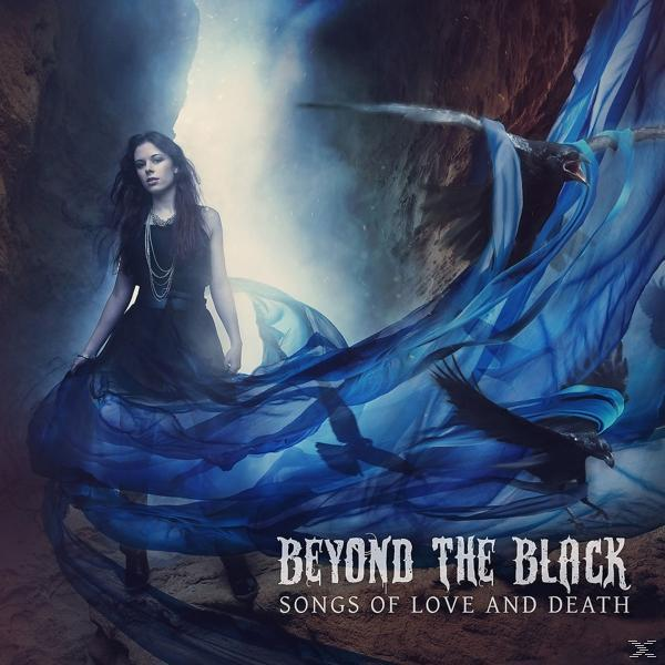 Albumcover: Frau in schwarzem Kleid, drapiertem blauen Stoff, schwarze Raben.