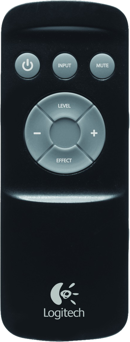 Fekete Logitech távirányító bekapcsoló, bemenet, némítás, szint és effekt gombokkal.