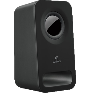 Fekete Logitech hangszóró. Kerek hangszórólyuk az elején.