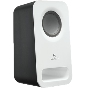 Fehér-fekete Logitech mélynyomó, lekerekített dizájnnal. Fehér háttér.