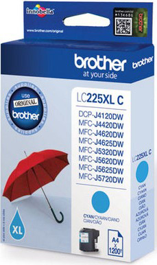 Tintenpatronenbox. Text: Brother LC225XL C. Cyan-Tinte.