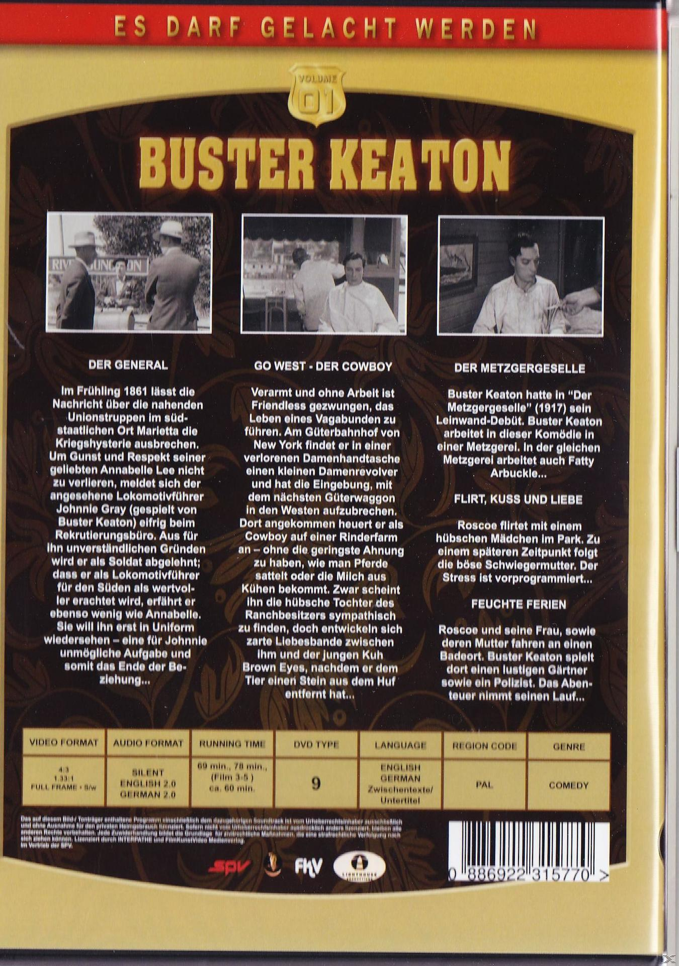 Buster Keaton-Film-DVD-Cover. Text und Bilder auf gelbem Hintergrund.