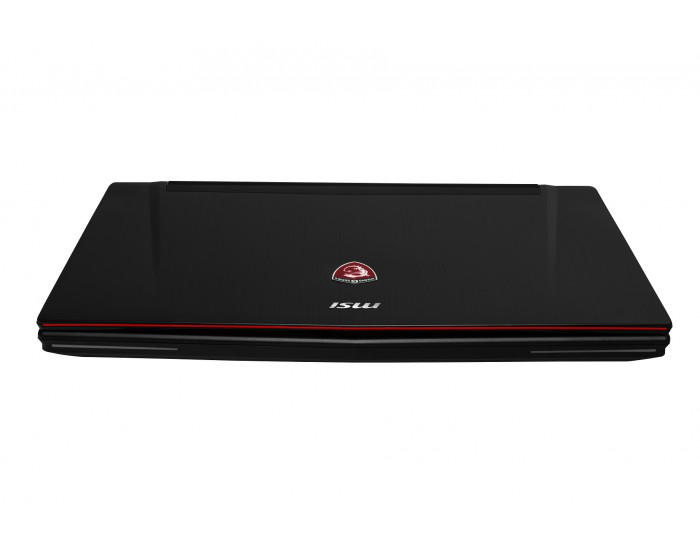 Kırmızı çizgili kapalı siyah bir MSI dizüstü bilgisayar. Üstünde MSI logosu var.