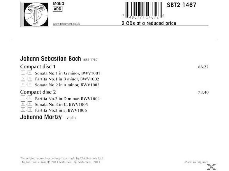 Thumbnail - Johanna Martzy - Sonaten Und Partiten BWV 1001-1006 (CD)