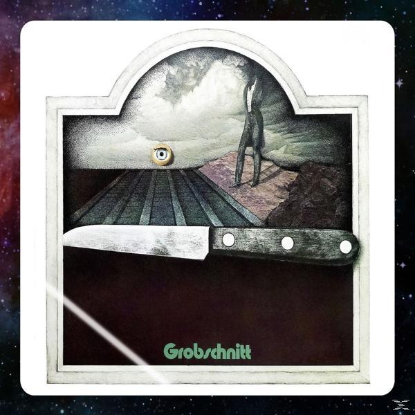 Albumcover mit surrealem Bild. Ein Messer, ein Auge und ein Mann, der einen Weg entlanggeht.