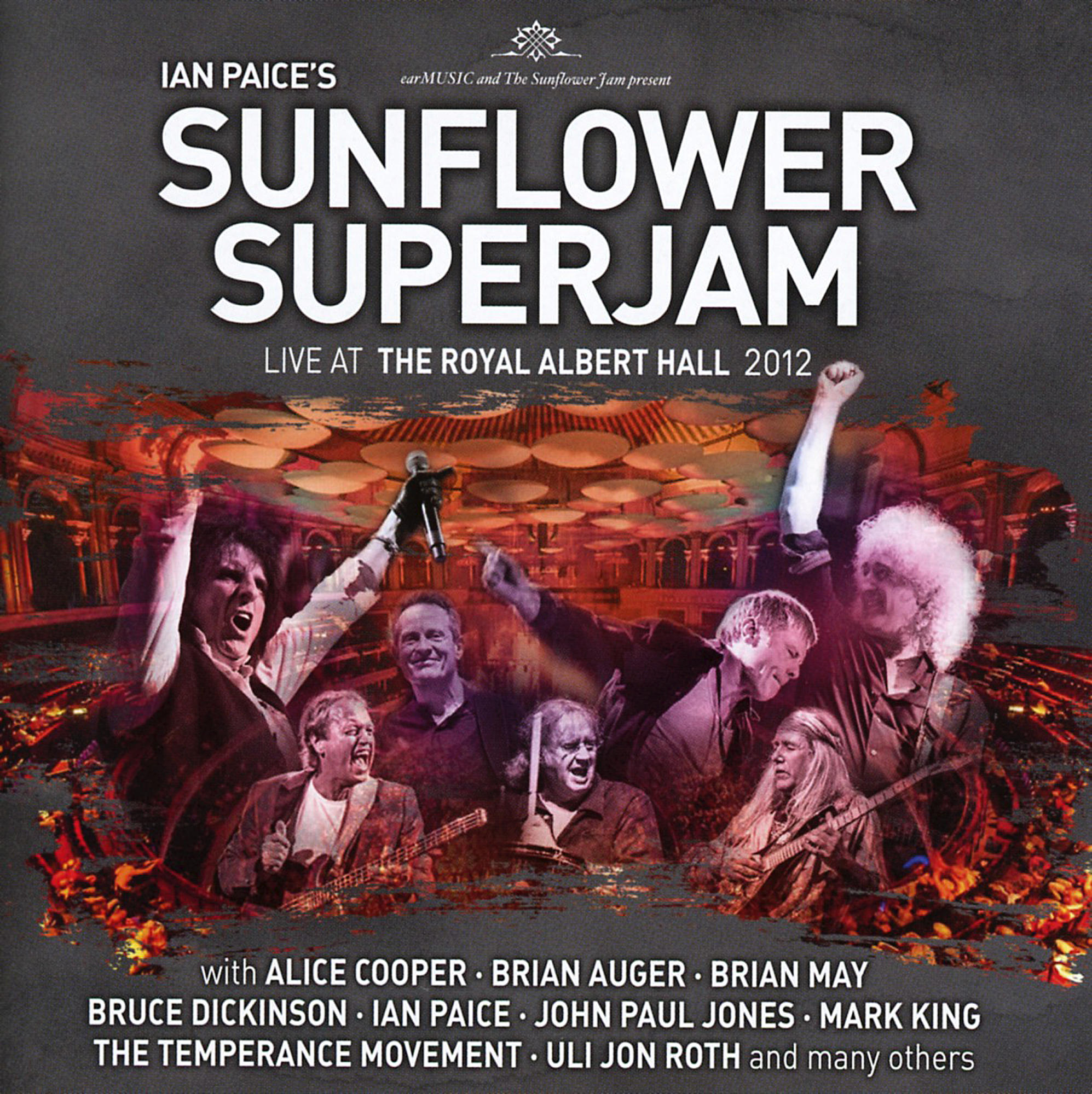 Albumcover. Bandmitglieder auf der Bühne. Text 'Sunflower Superjam'. Live in der Royal Albert Hall 2012.