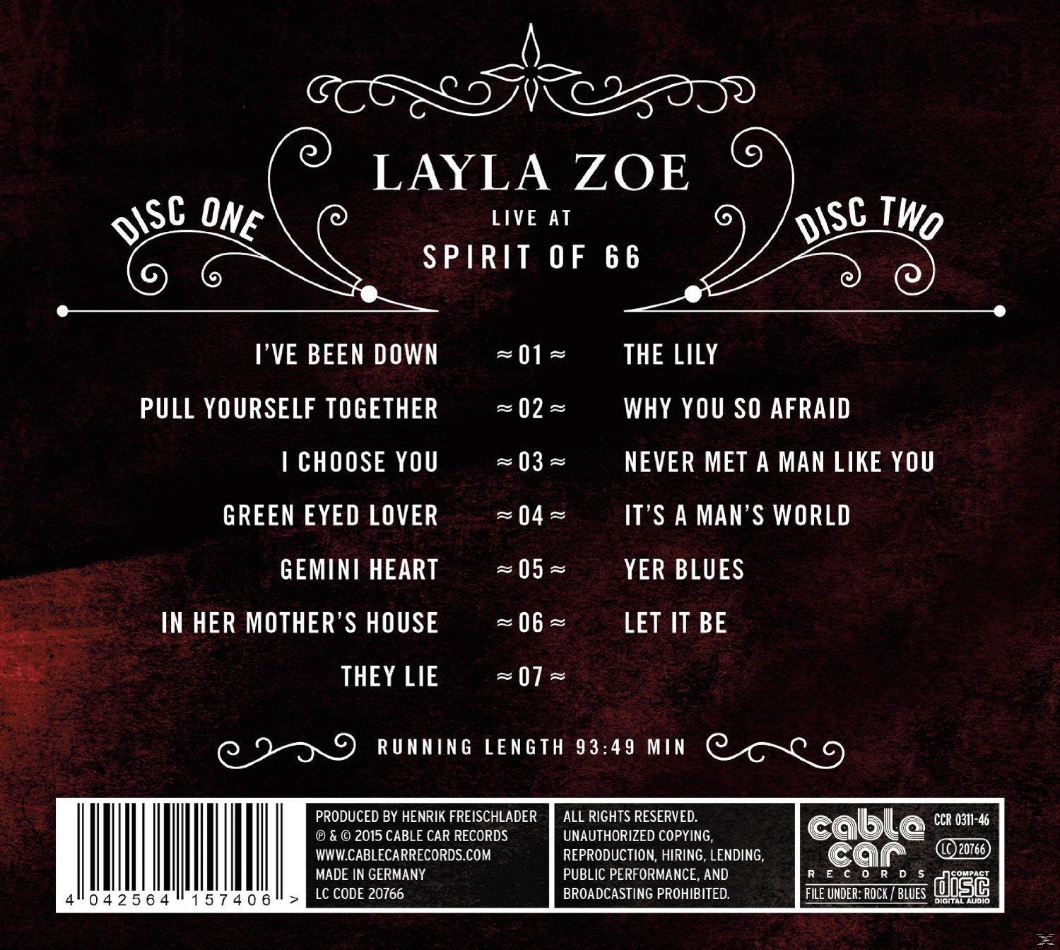 Albumcover mit Titelliste, Künstlerin Layla Zoe und 'Live at Spirit of 66'. Disc One und Two sind vorhanden.