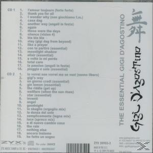 The Essential Gigi D'Agostino CD. Die Titelliste ist aufgeführt, mit einem Logo auf der rechten Seite.