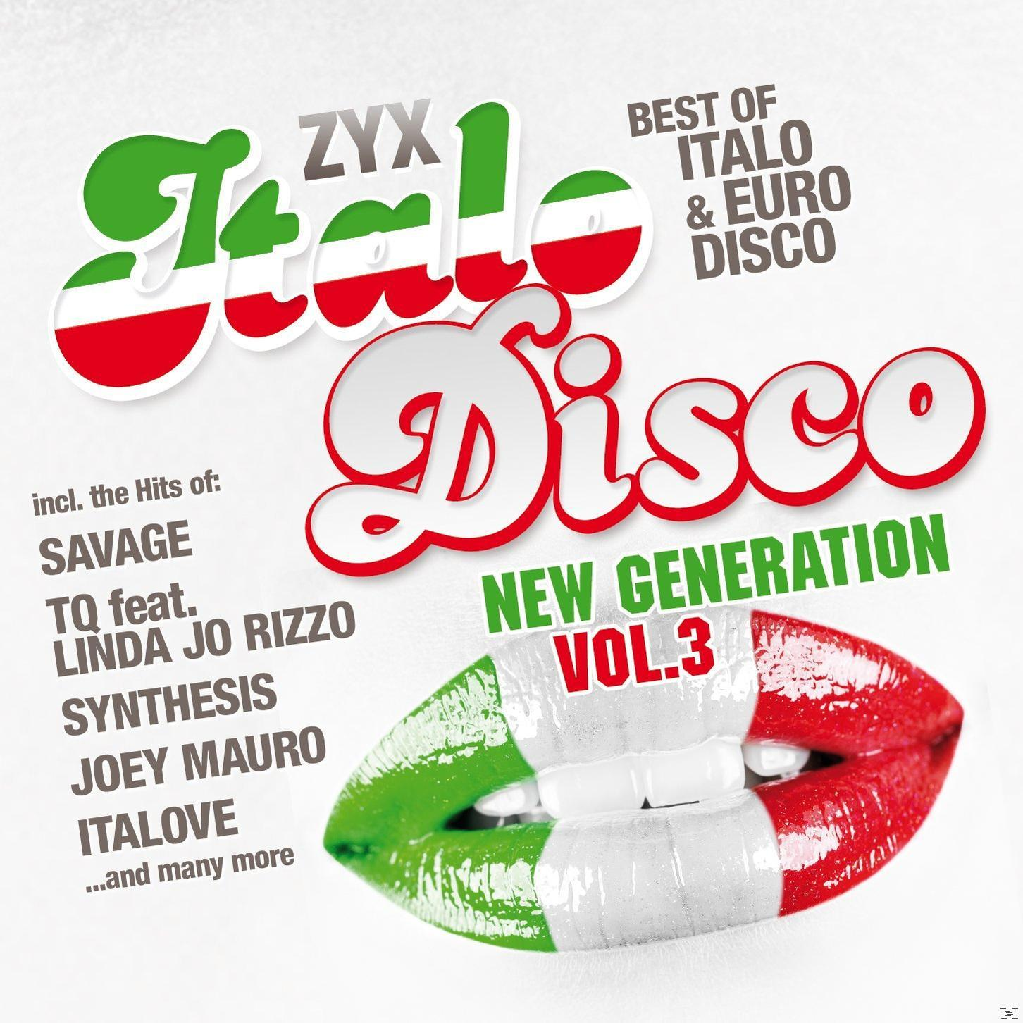 Albumcover mit dem Wort 'Italo Disco' in Grün, Weiß und Rot, mit Kuss und Text.