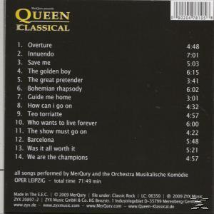 Album-Rückseite mit Songs und Zeiten. Der Titel lautet 'Queen Classical'. Schwarzer Hintergrund und weißer Text.