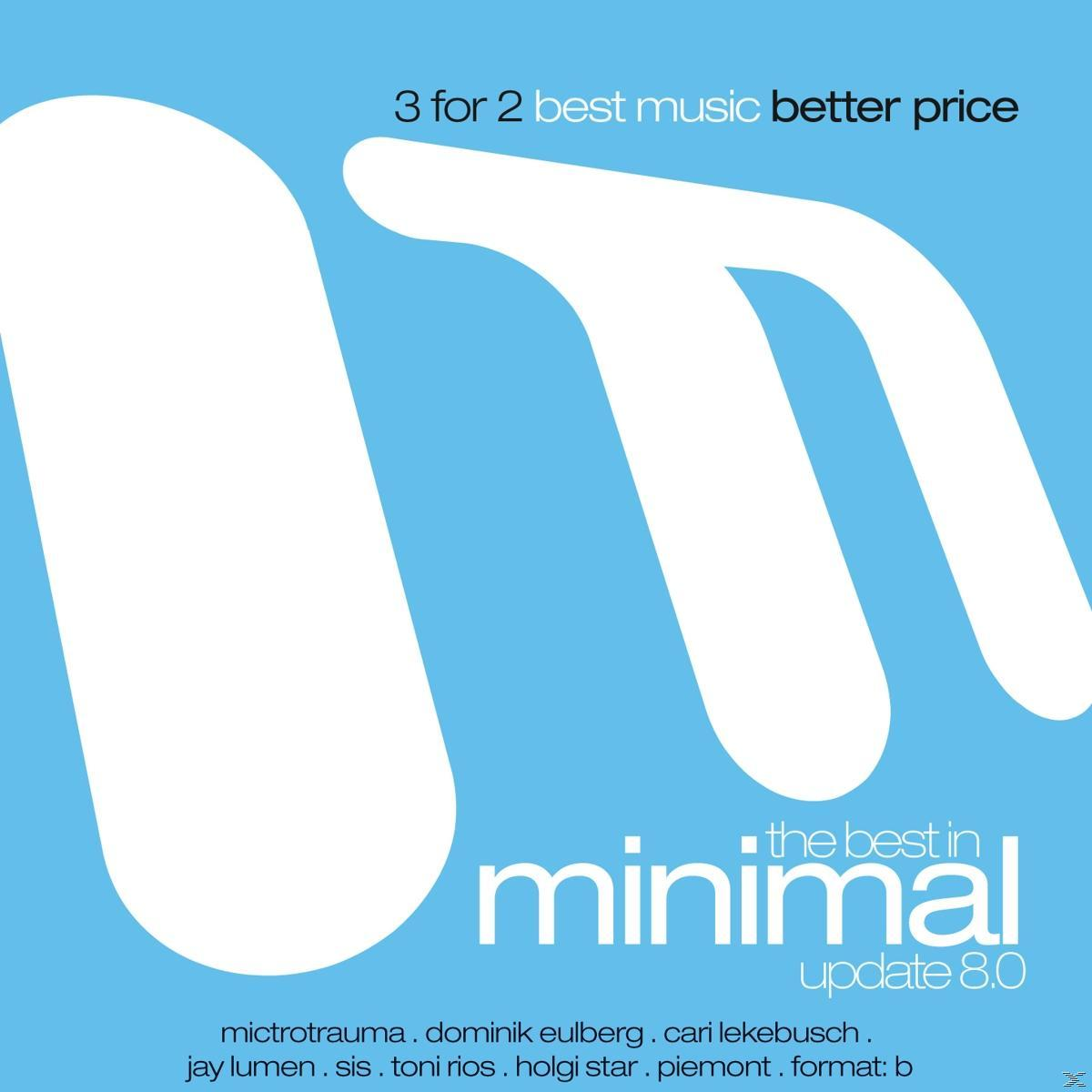 Albumcover, blauer Hintergrund, weiße Formen, Text '3 für 2 beste Musik' und 'minimal update 8.0'.