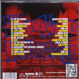 Rückseite einer CD. Text und Bild einer Boombox. Rote und blaue Farben.