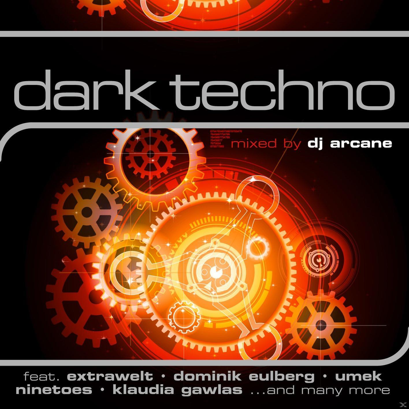 Albumcover, orange Zahnräder, Text 'dark techno' und 'mixed by dj arcane'. Schwarzer Hintergrund, rote Akzente.