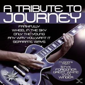 Albumcover für ein Journey-Tribute-Album mit einer Gitarre und den Namen der Musiker.