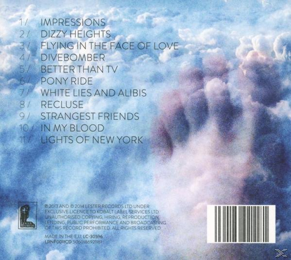 Album-Rückseite mit Titelliste. Wolkenhintergrund, Handabdruck. Urheberrecht- und Labelinformationen. Barcode.