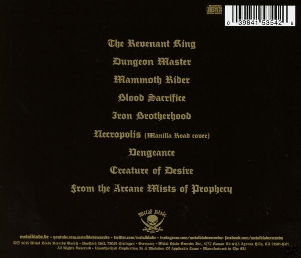 Schwarzes CD-Cover. Der Text listet Songtitel auf, darunter 'The Revenant King' und 'Blood Sacrifice'. Totenkopf-Logo.