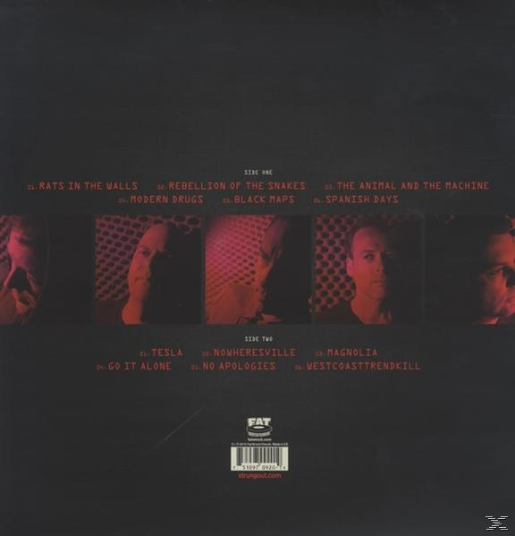 Albumcover mit Text und Gesichtern in Rot- und Schwarztönen. Zeigt eine Band.