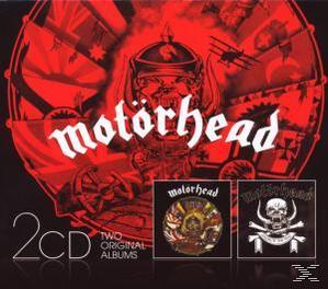 Albumcover mit 'motorhead' in Weiß. Zwei kleinere Albumcover darunter mit dem Text 2CD.