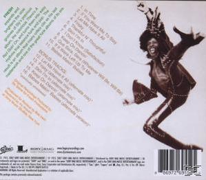 Album-Rückseite, Titelliste, Mann tanzt, und ein weißer Hintergrund mit Text.